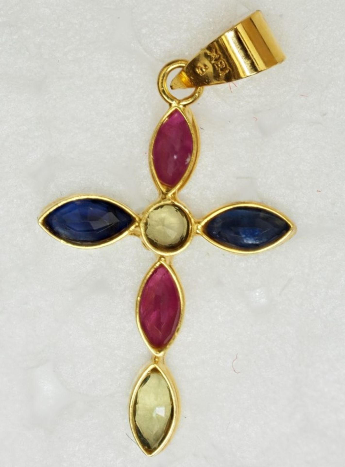 18kt Yellow Gold Sapphire & Ruby Cross Pendant Insurance Value $1209 - Image 2 of 3