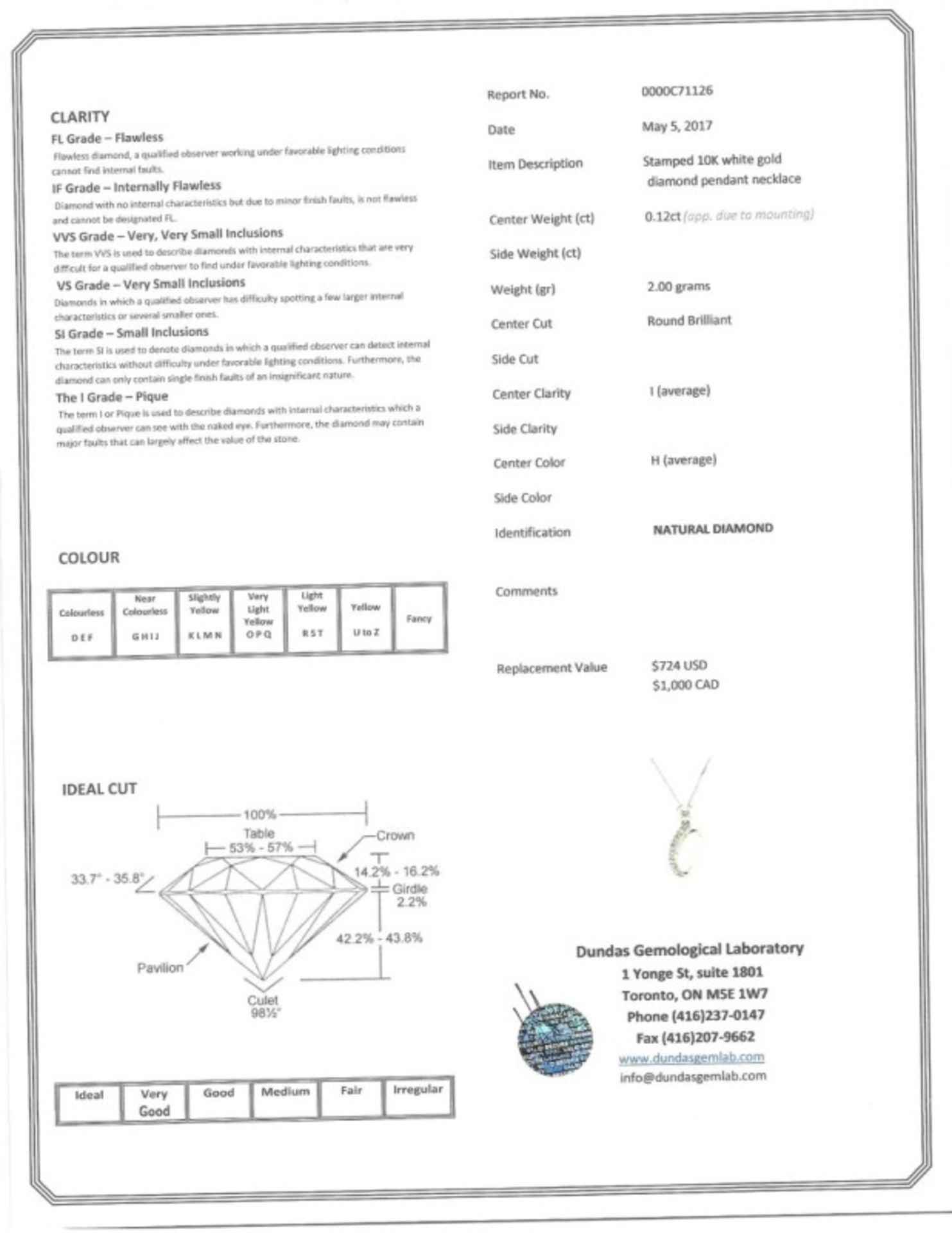 10kt White Gold Diamond ''0'' Pendant Insurance Value $1000 - Image 3 of 3