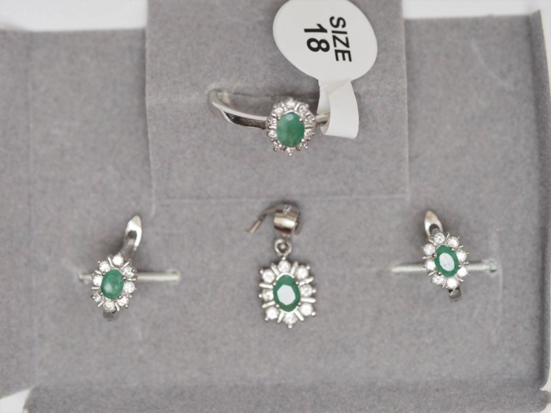 Sterling Silver Natural Emerald (May Birthstone ) & White Stones Ring ,Earring and Pendant Set