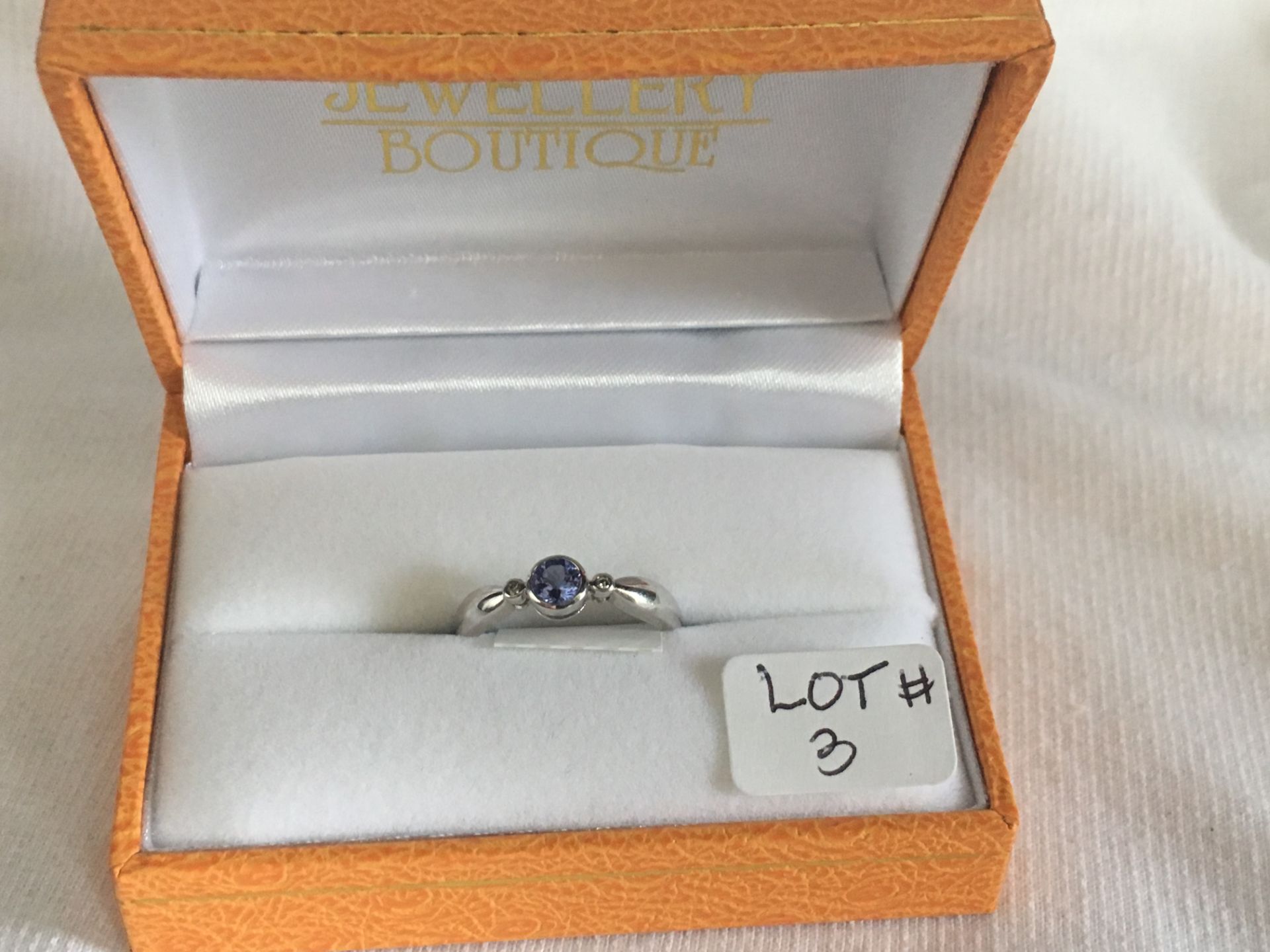 Ladies 10k White Gold Tazanite Diamond Ring, Centre wt 0.30 CT/Side wt 0.03 CT/ wt 2.36 grams