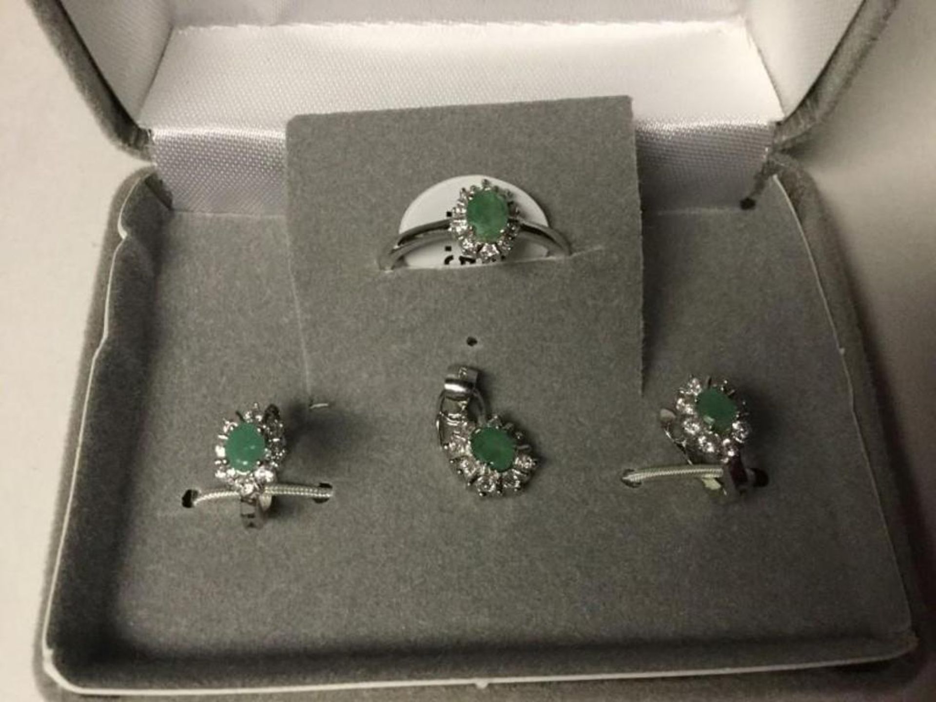 Ladies Sterling Silver and Natural emerald set of ring, earrings, and pendant Value $ 500 - Image 2 of 3