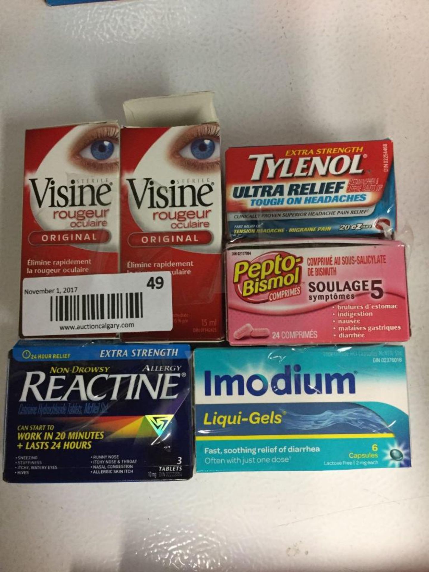 Lot of 6 - Imodium, Reactine, Pepto Bismol, Tylenol, Visine