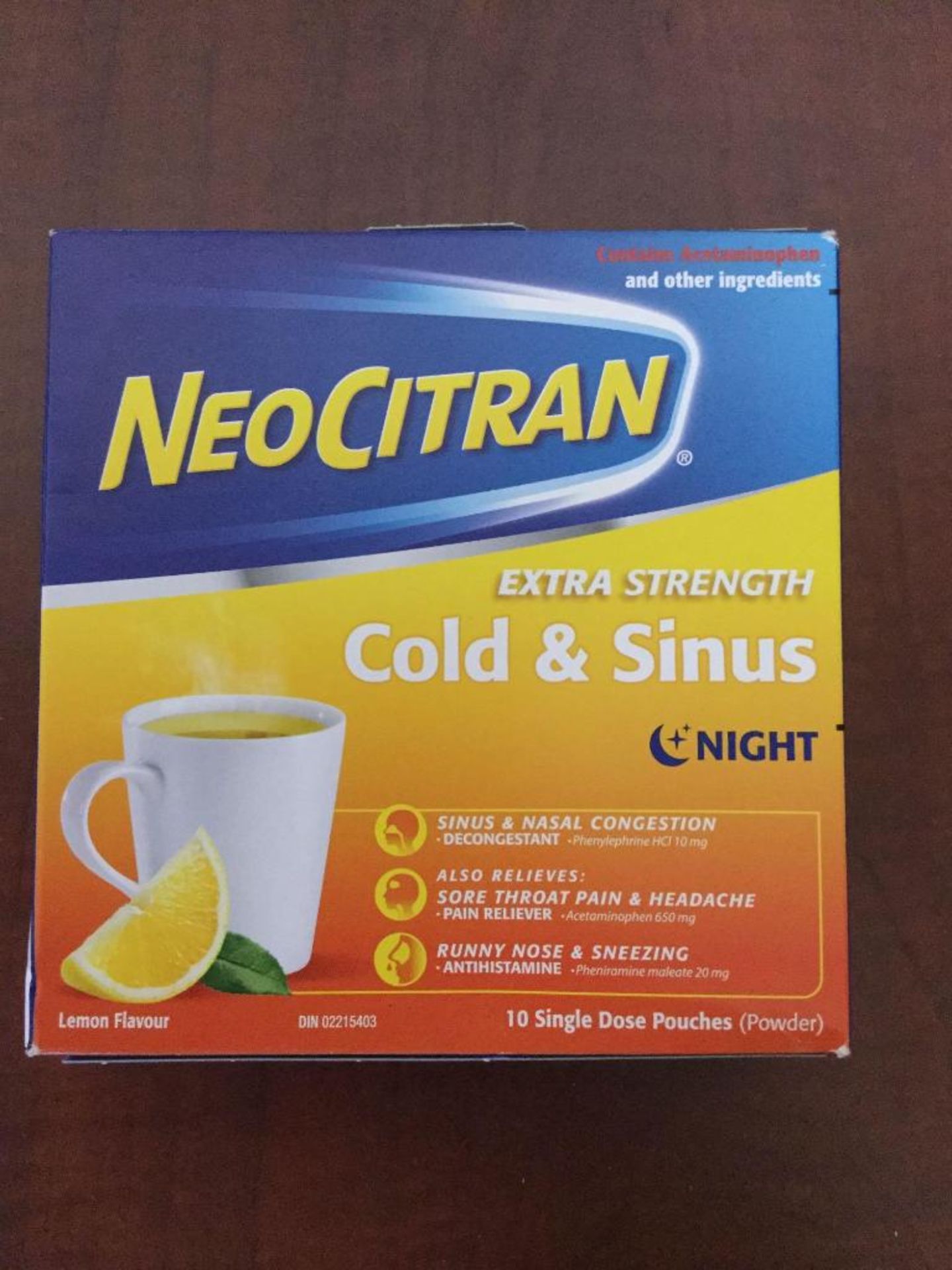 box of 10 single dose pouches Neo Citran Cold and Sinus