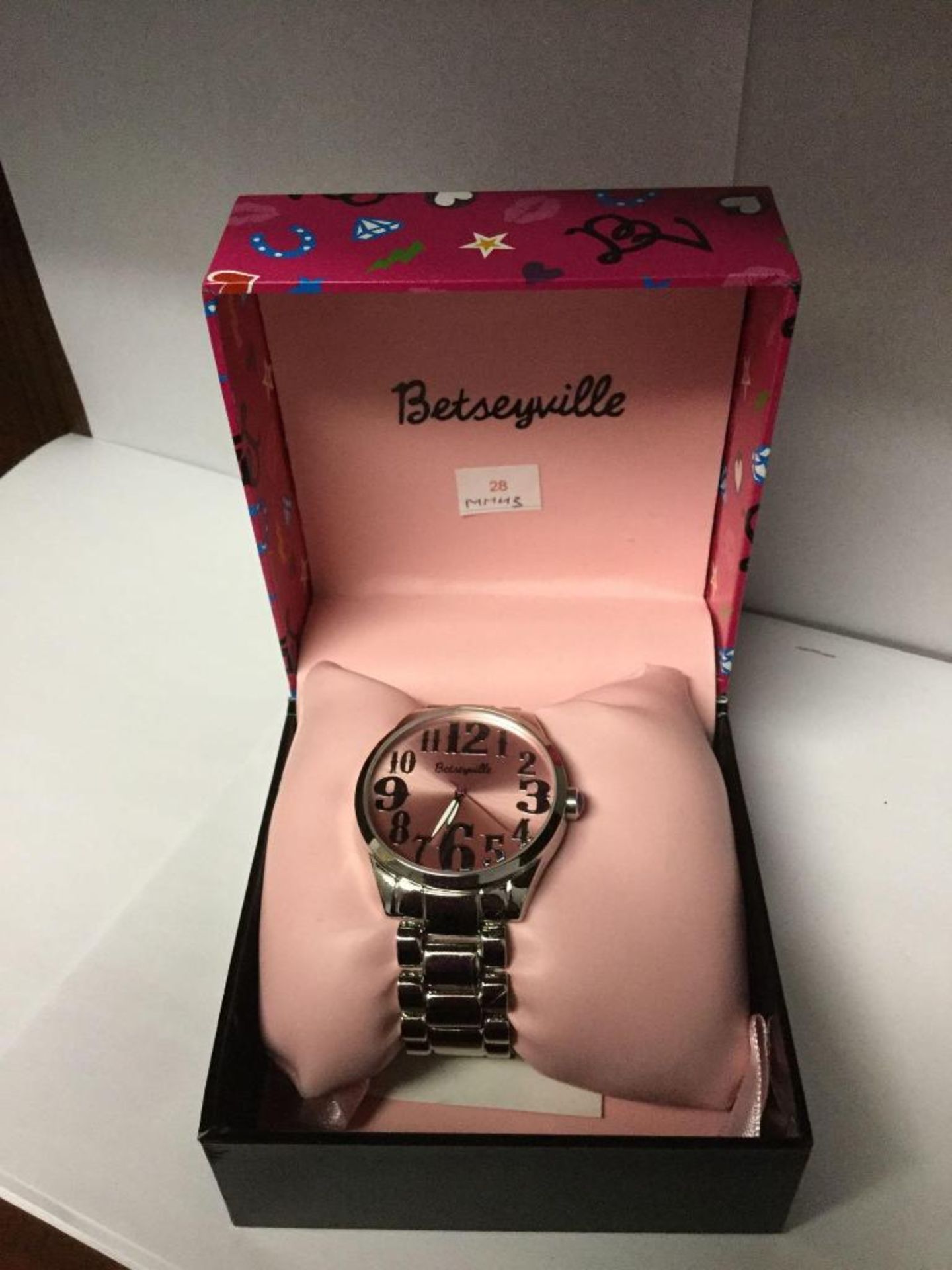 Betseyville Watch and Case Pink face and silver band