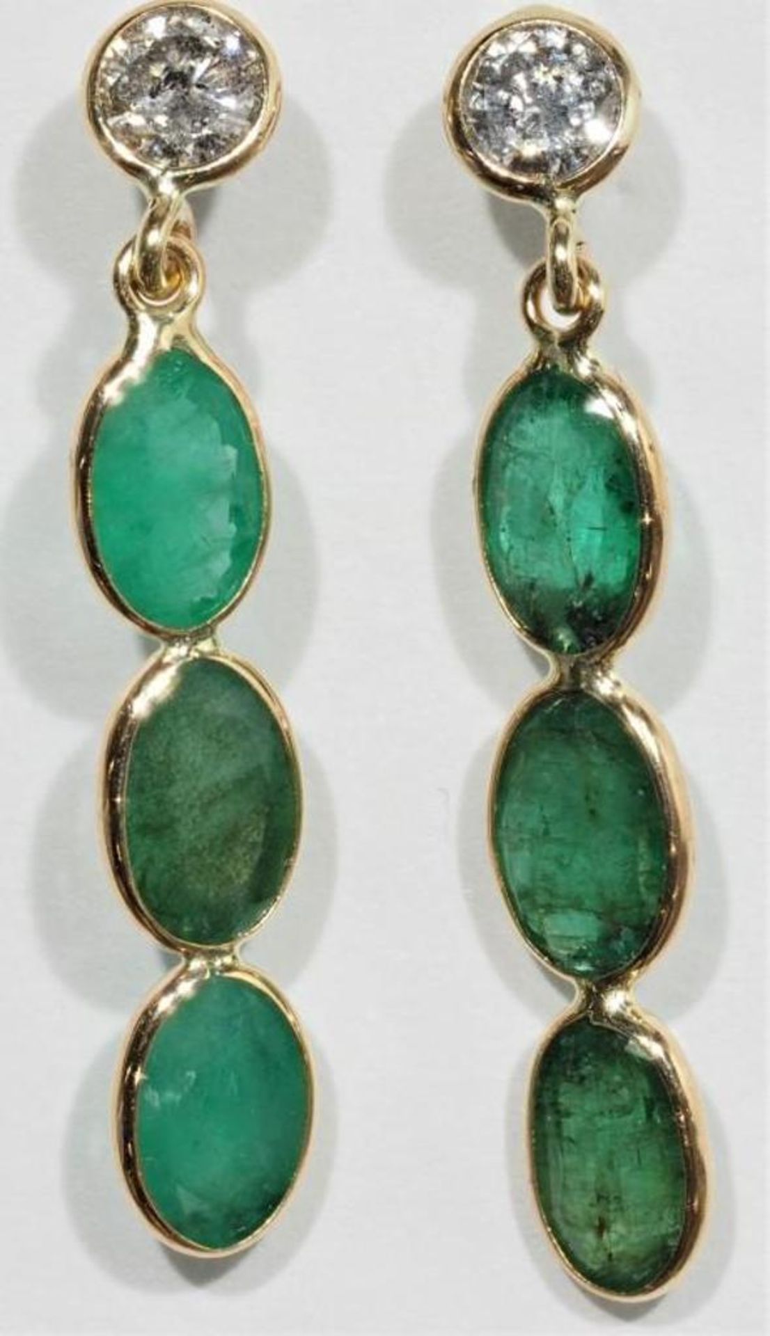 14K Yellow Gold Emerald (2.60ct) and Diamond (0.37ct) Drop Earrings. Insurance Value $3890