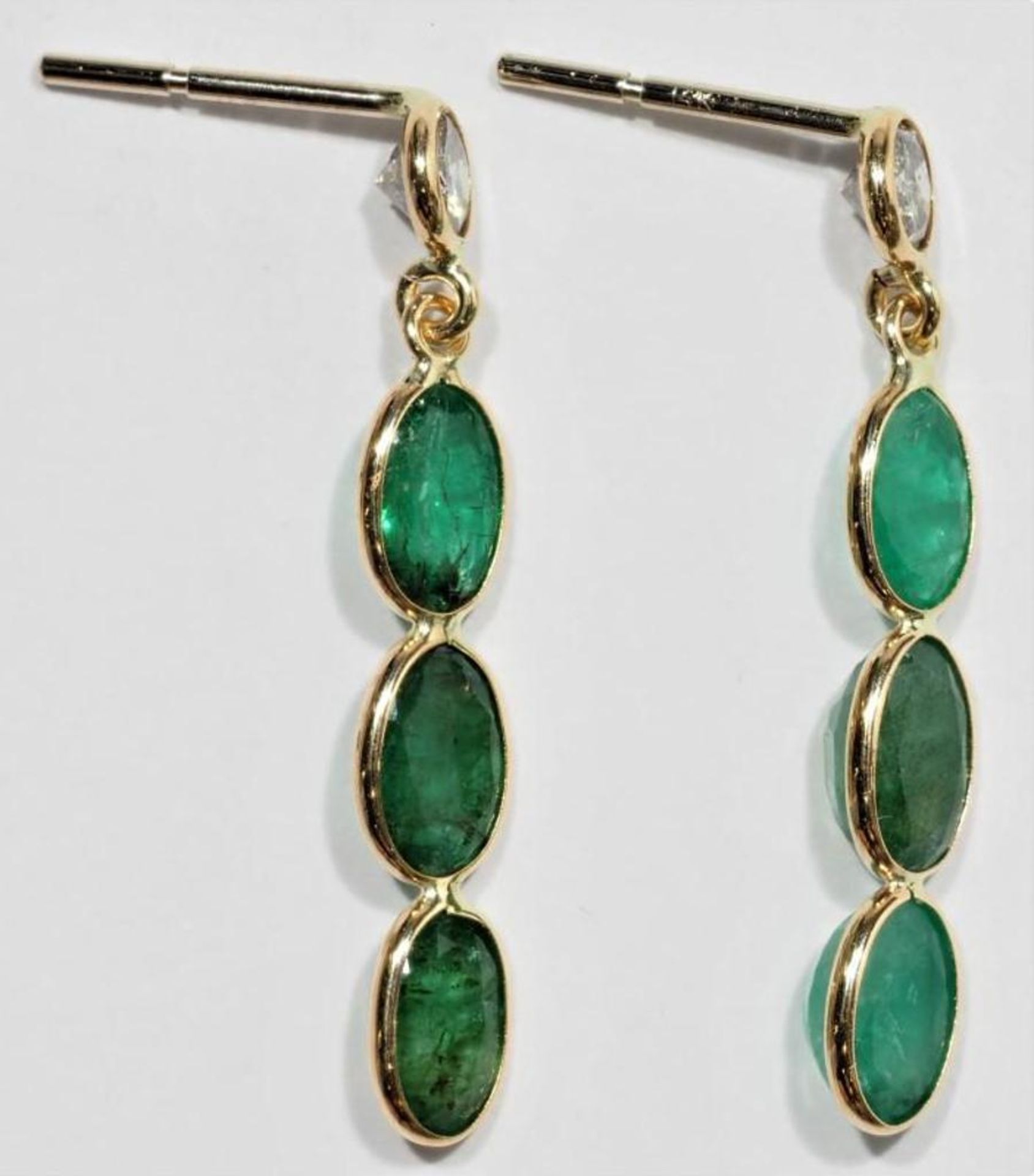 14K Yellow Gold Emerald (2.60ct) and Diamond (0.37ct) Drop Earrings. Insurance Value $3890 - Image 2 of 3