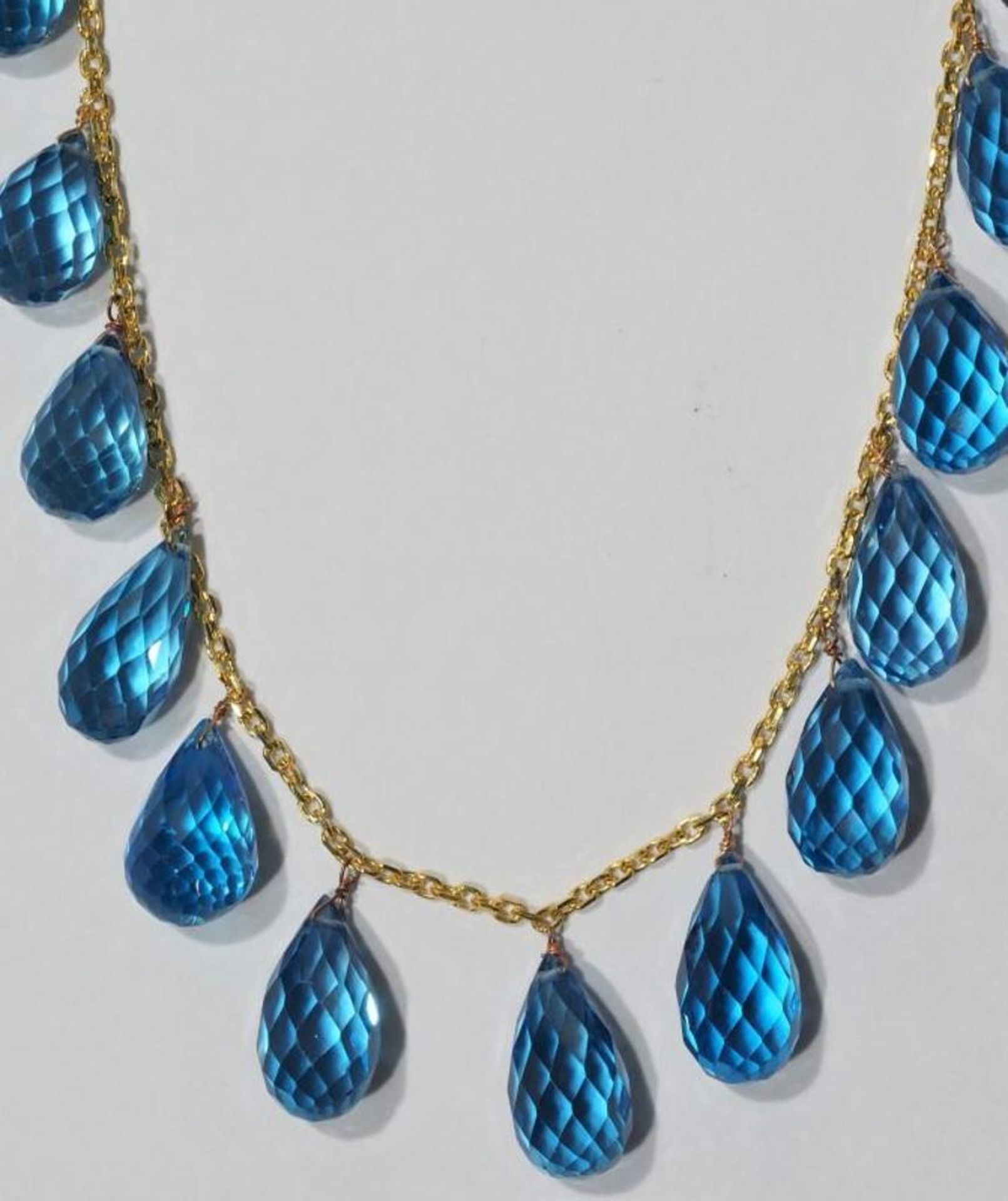 10K Yellow Gold Blue Topaz (72.50ct) Briolette Drop Necklace. Insurance Value $3070