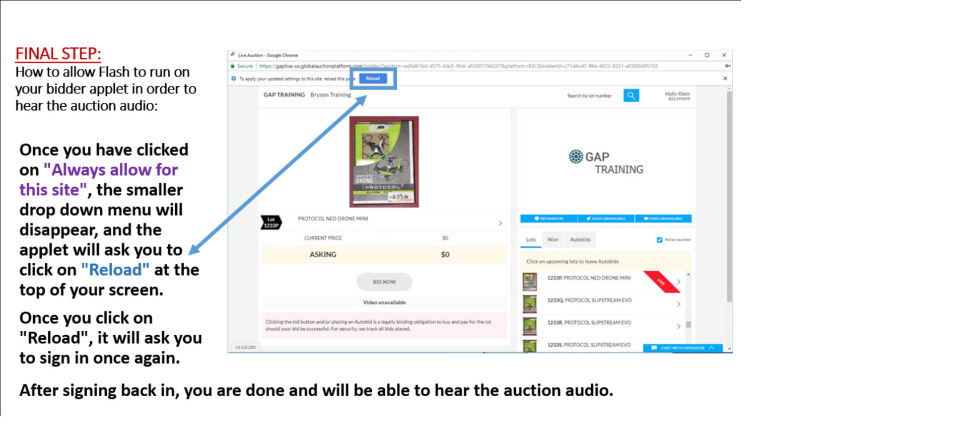 CHROME USERS: HOW TO ALLOW FLASH IN ORDER TO HEAR AUDIO - FINAL STEP