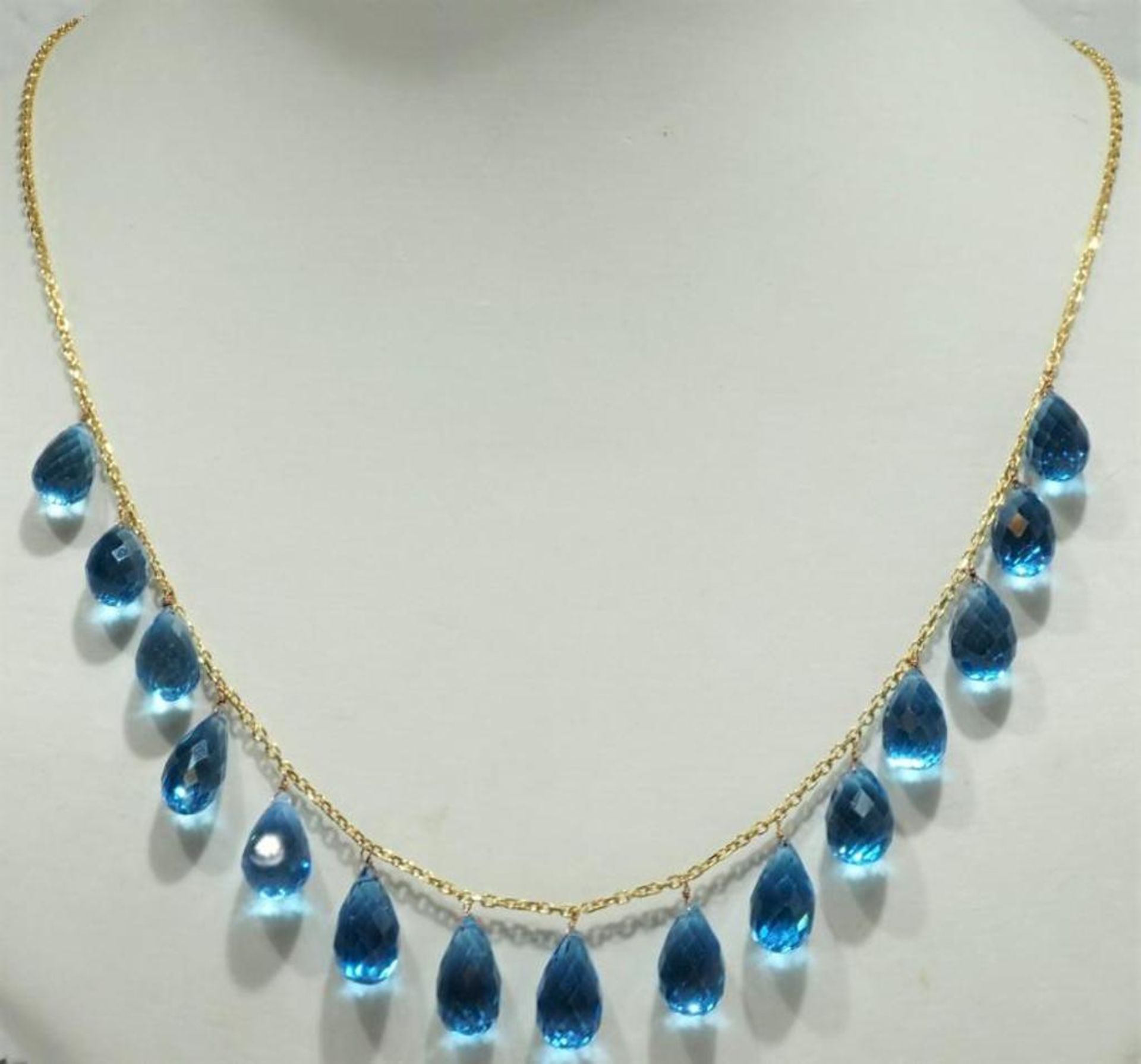 10K Yellow Gold Blue Topaz (72.50ct) Briolette Drop Necklace. Insurance Value $3070 - Image 2 of 3