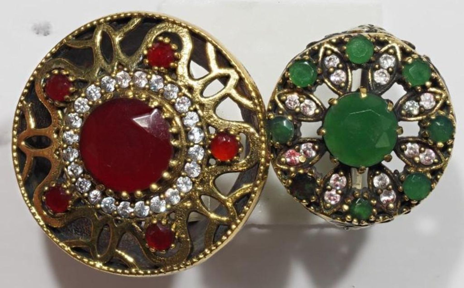 Set of 2 Sterling Silver Emerald and Ruby Antique Style Cocktail Rings. Retail $630