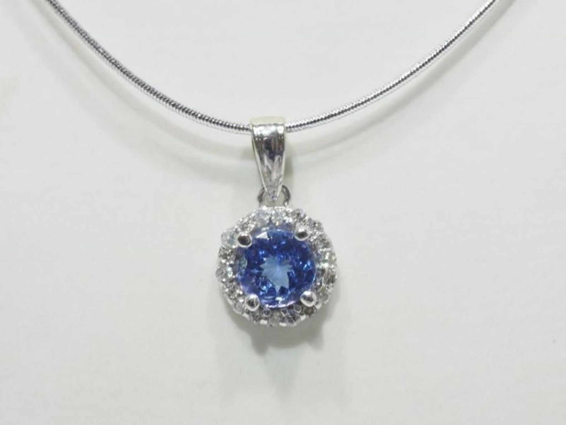 14K White Gold Tanzanite(0.80ct) Diamond(0.18ct) Necklace with Japanese Steel Cord. Insurance Value