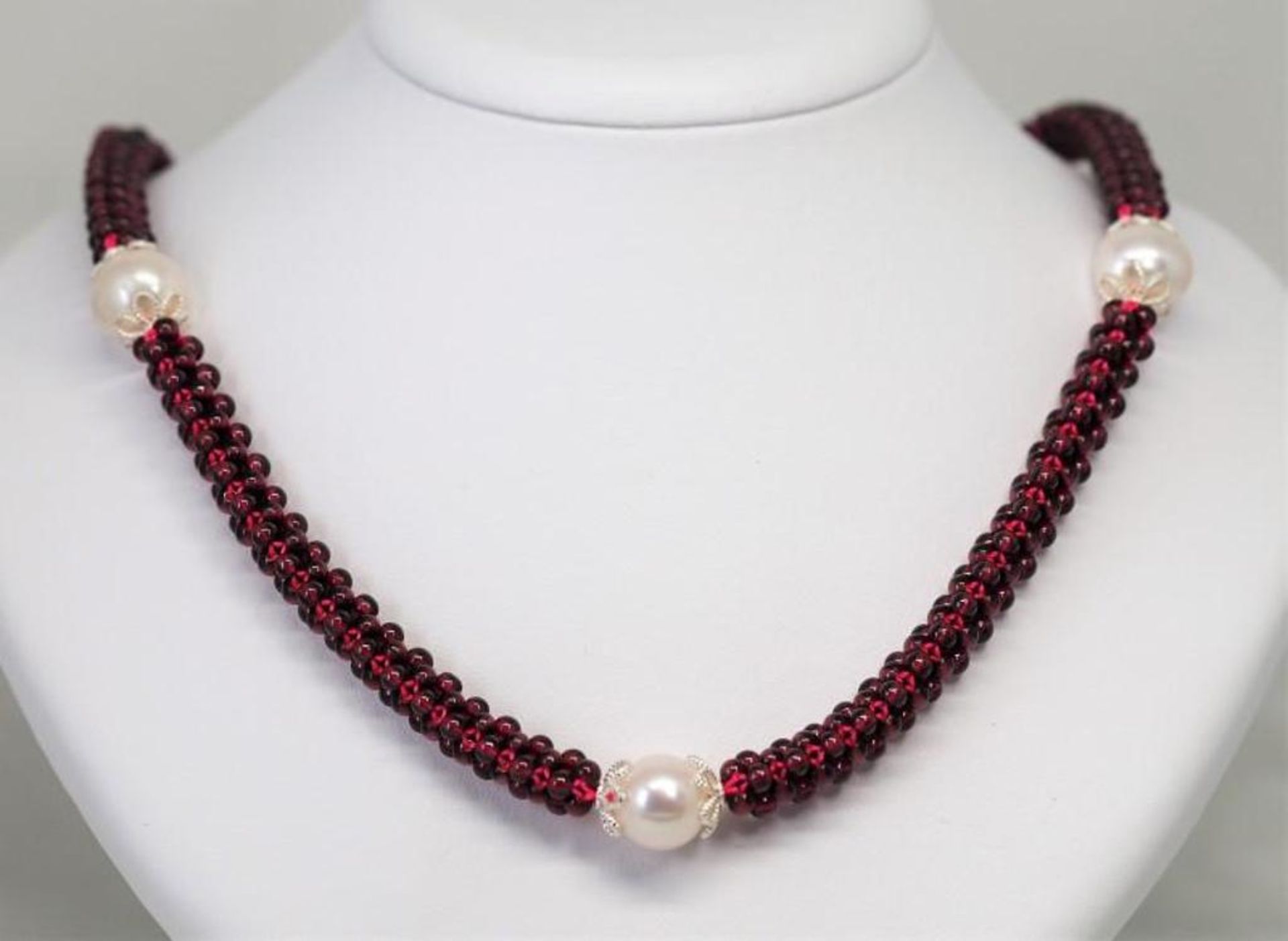 Sterling Silver Garnet Gemstone & Pearl Necklace (January Birthstone), Insurance Value $900 - Image 2 of 3