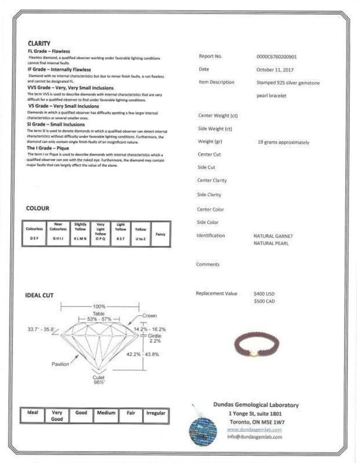 Sterling Silver Garnet and Freshwater Pearl Flexible Bracelet Insurance Value $500 - Image 3 of 3