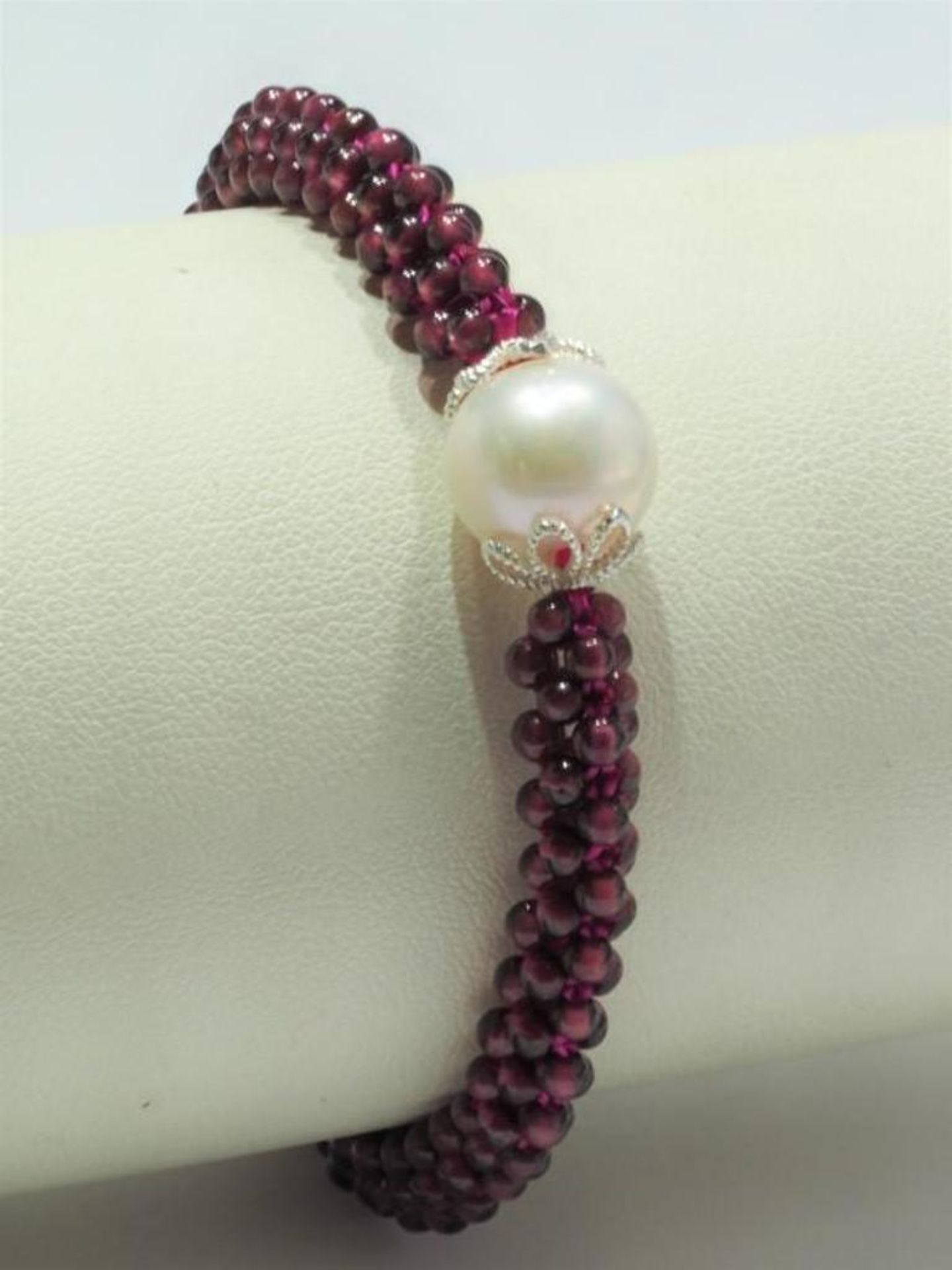 Sterling Silver Garnet and Freshwater Pearl Flexible Bracelet Insurance Value $500 - Image 2 of 3