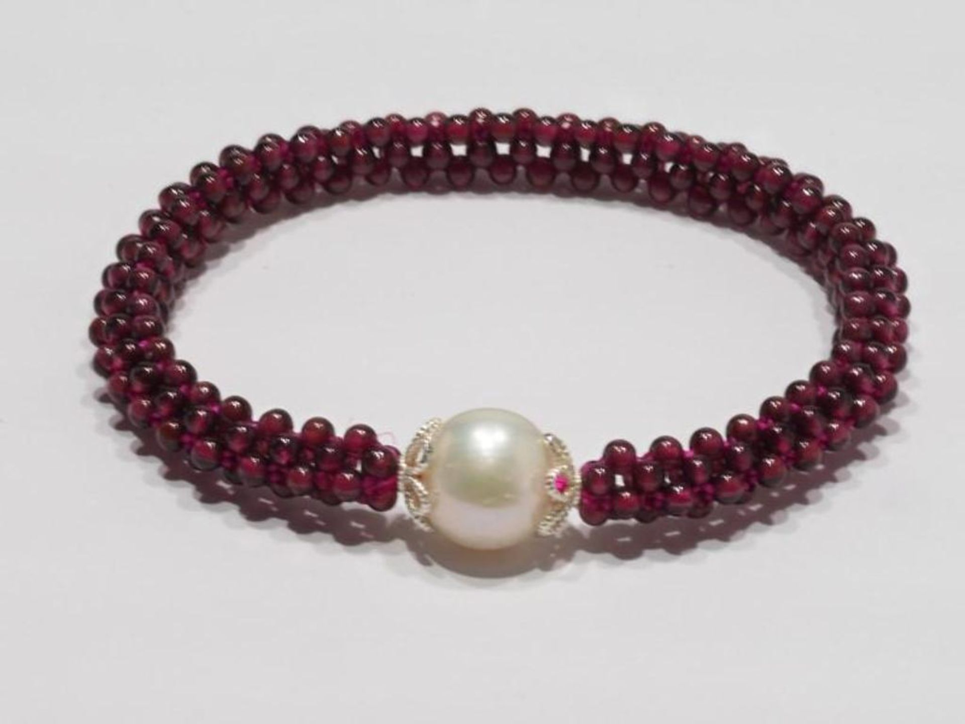 Sterling Silver Garnet and Freshwater Pearl Flexible Bracelet Insurance Value $500