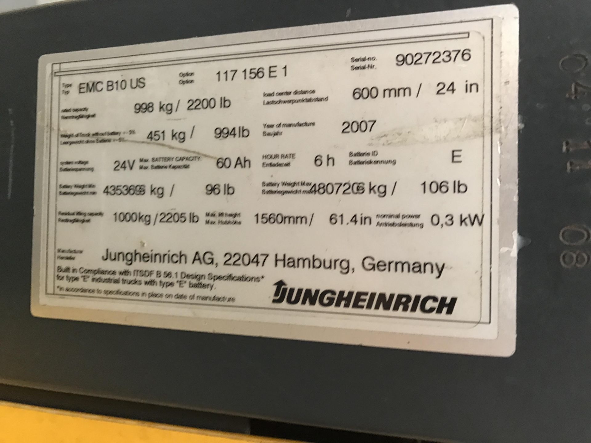 2007 JUNGHEINRICH WALK BEHIND LIFT, 2,200 LB LIFT CAP. MOD. EMC B10 US - Image 5 of 6