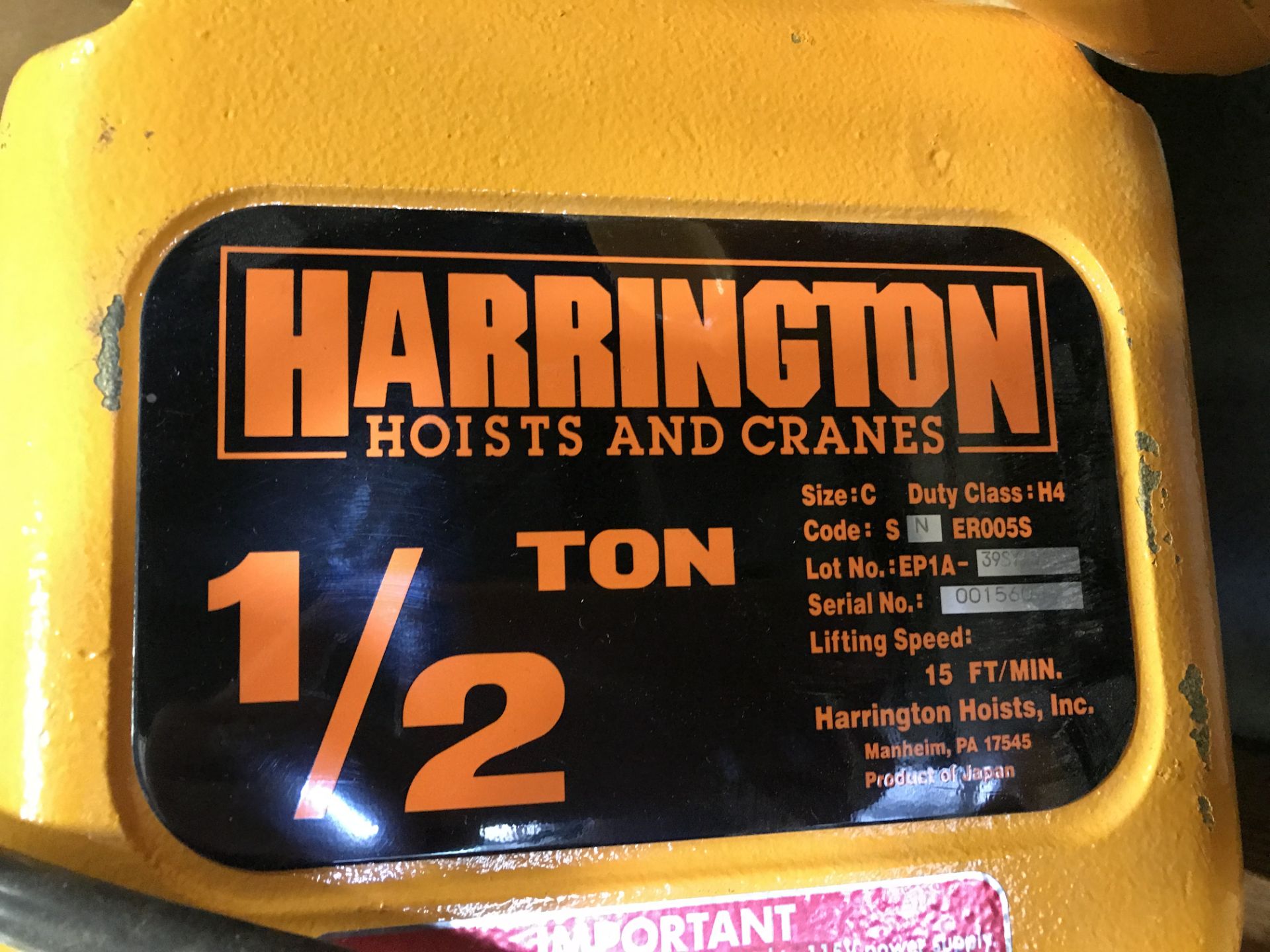 HARRINGTON 1/2 TON ELECTRIC CHAIN HOIST - Image 3 of 4