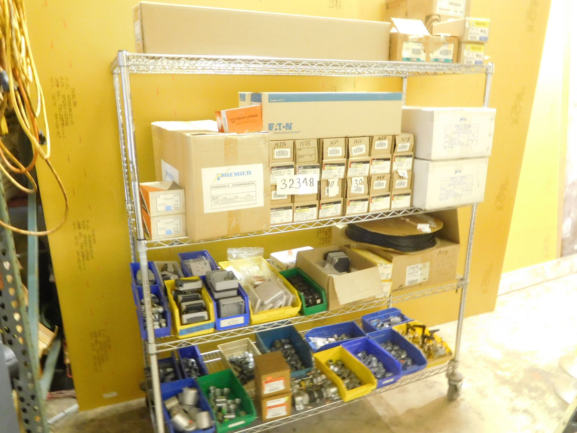 4 SHELVES OF ELECTRICAL SUPPLIES. INCLUDING TOGGLE DIMMERS, FAN SPEED CONTROLLERS....