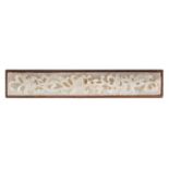 A Chinese hardwood scroll weight, decorated with a floral carved jade plaque, the sides with