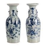 Two Chinese celadon ground blue and white vases, one with literati and one with children playing
