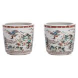 Two Chinese famille verte jardinieres, overall decorated with warriors, 19thC, H 34 - Diameter 36,