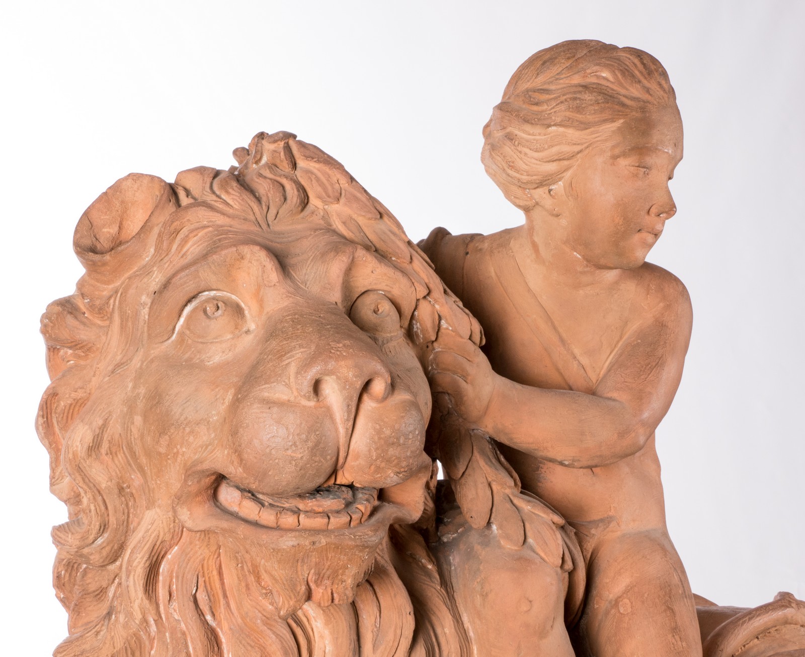 A large pair of terracotta sculptures depicting an allegoric scene, 19thC, H 78 - B 97 - D 35 cm - Image 6 of 62