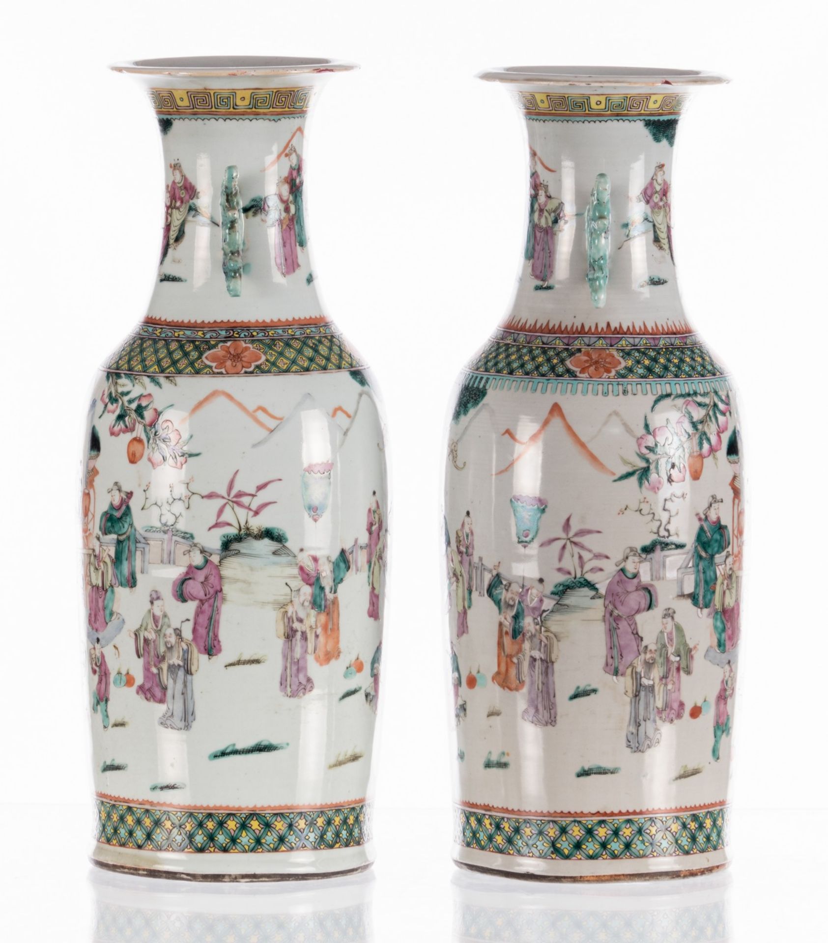 A pair of Chinese famille rose vases, overall decorated with a court scene on a terrace in a - Bild 2 aus 15