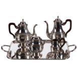 A four part silver tea and coffee service, France, late 19thC, 950/000, handles walnut, H 13,3 -