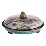 A Chinese Peking enamelled bowl and cover with an animated scene and floral motives, the knob