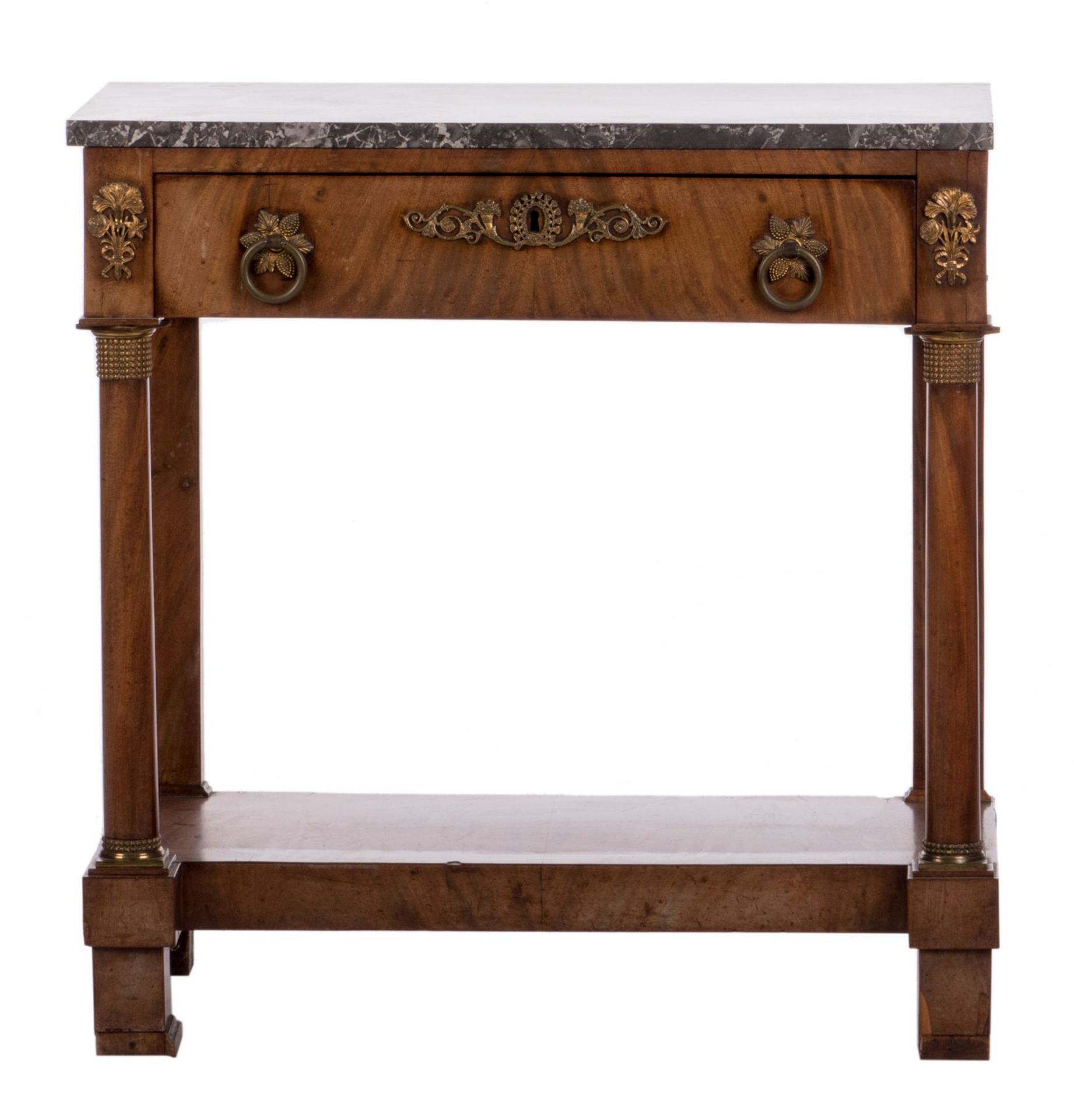 A mahogany veneered console, bronze mounts and grey St.-Anna marble top, Neoclassical and period,