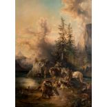 Non signed, a hunting scene, oil on canvas, in a gilt frame, 73 x 100 cm