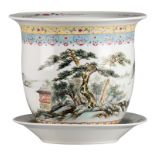 A Chinese famille rose and polychrome jardiniere with plate, decorated with figures, pagodas and