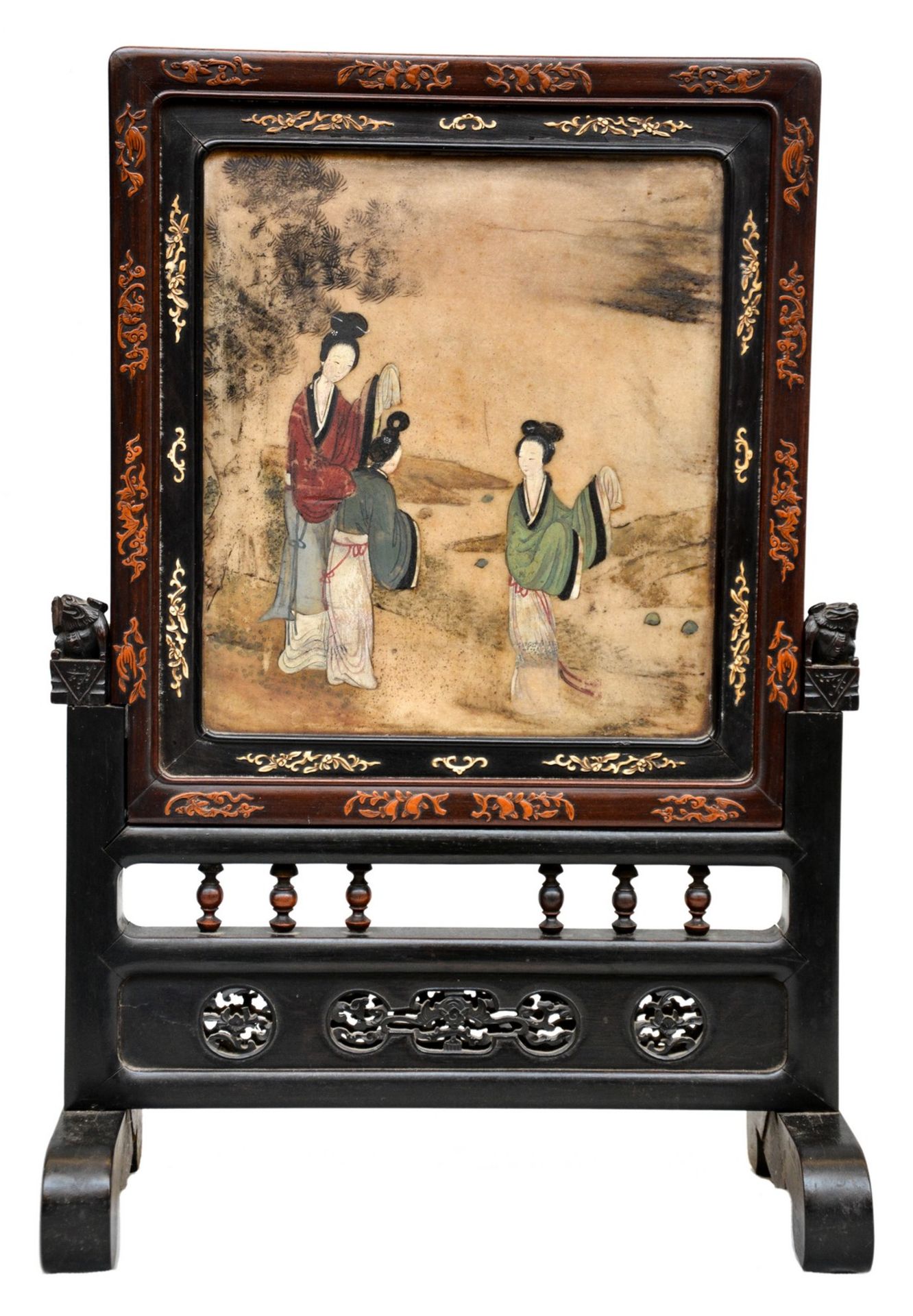 A table screen with alabaster plaque depicting court ladies, the back side a panel in exotic