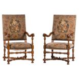 A pair of 'gros point' upholstered LXIII style fauteuils H 110,5 - B 61 - D 76 cm