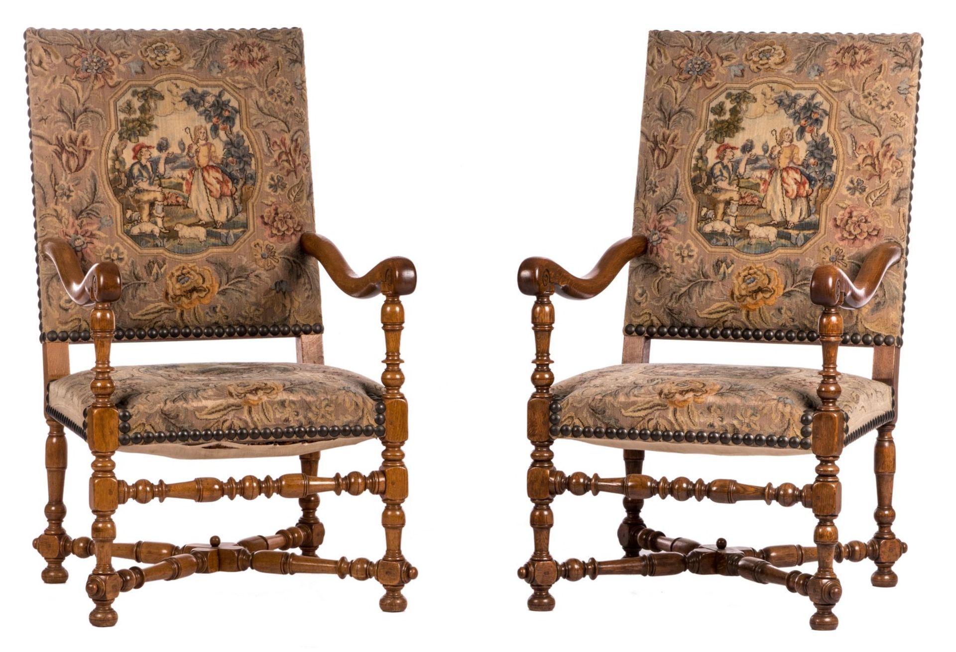 A pair of 'gros point' upholstered LXIII style fauteuils H 110,5 - B 61 - D 76 cm