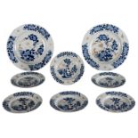 A lot of six small and two big Chinese plates, underglazed blue and overglazed iron oxide,