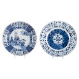 A Chinese blue and white floral decorated dish, 18thC; added a ditto foliated dish, decorated with a