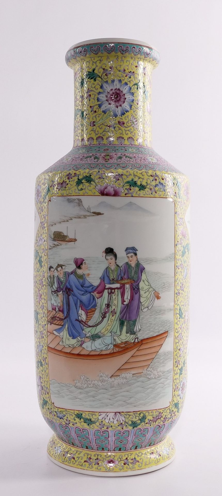 A Chinese yellow ground famille rose rouleau shaped vase, the roundels decorated with animated - Bild 8 aus 8