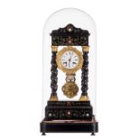 A French 19thC portico clock, ebonised wood and marquetry veneered, with an accompanying globe, H 50