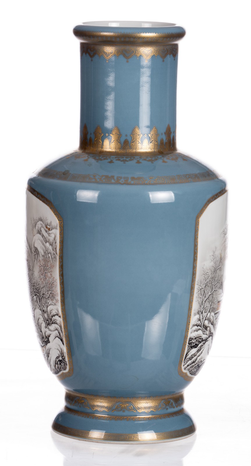 A Chinese light blue ground vase, polychrome and gilt decorated, the roundels with figures and - Image 4 of 6