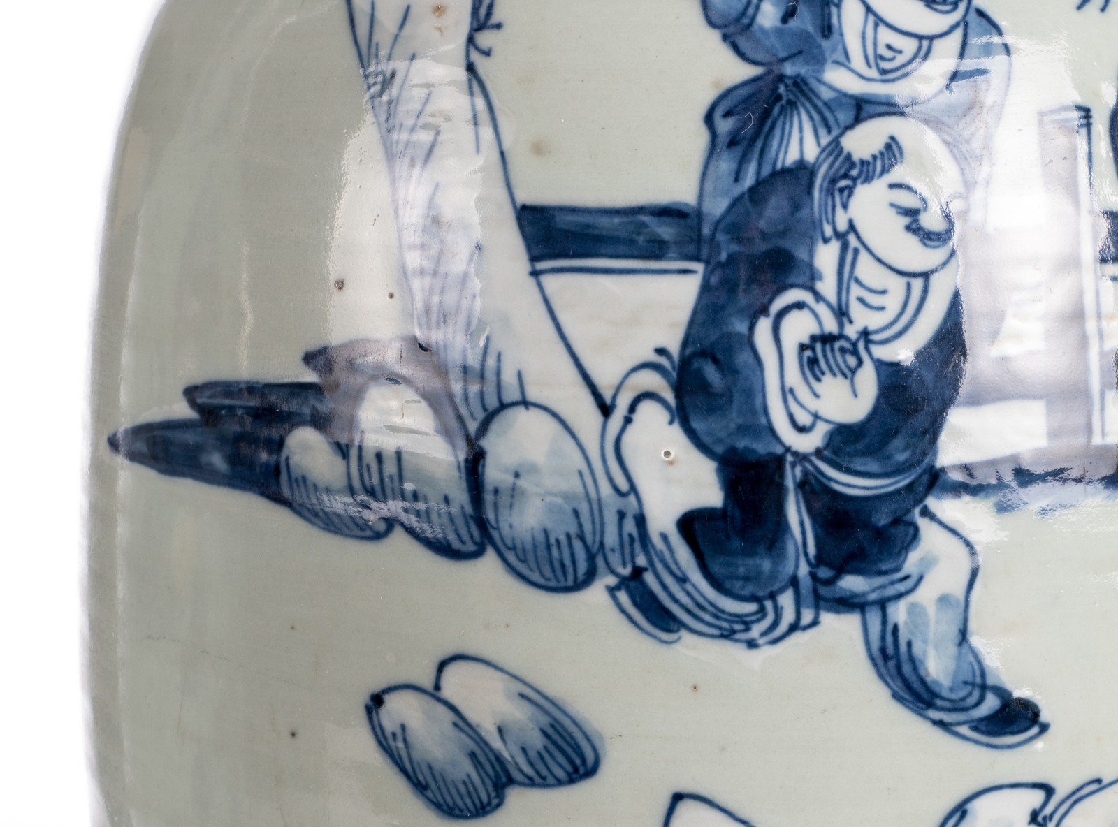 Two Chinese celadon ground blue and white vases, one with literati and one with children playing - Image 8 of 17