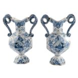 Two ornamental vases, tin glazed and blue decorated earthenware, (Dutch Delftware - marked 'De