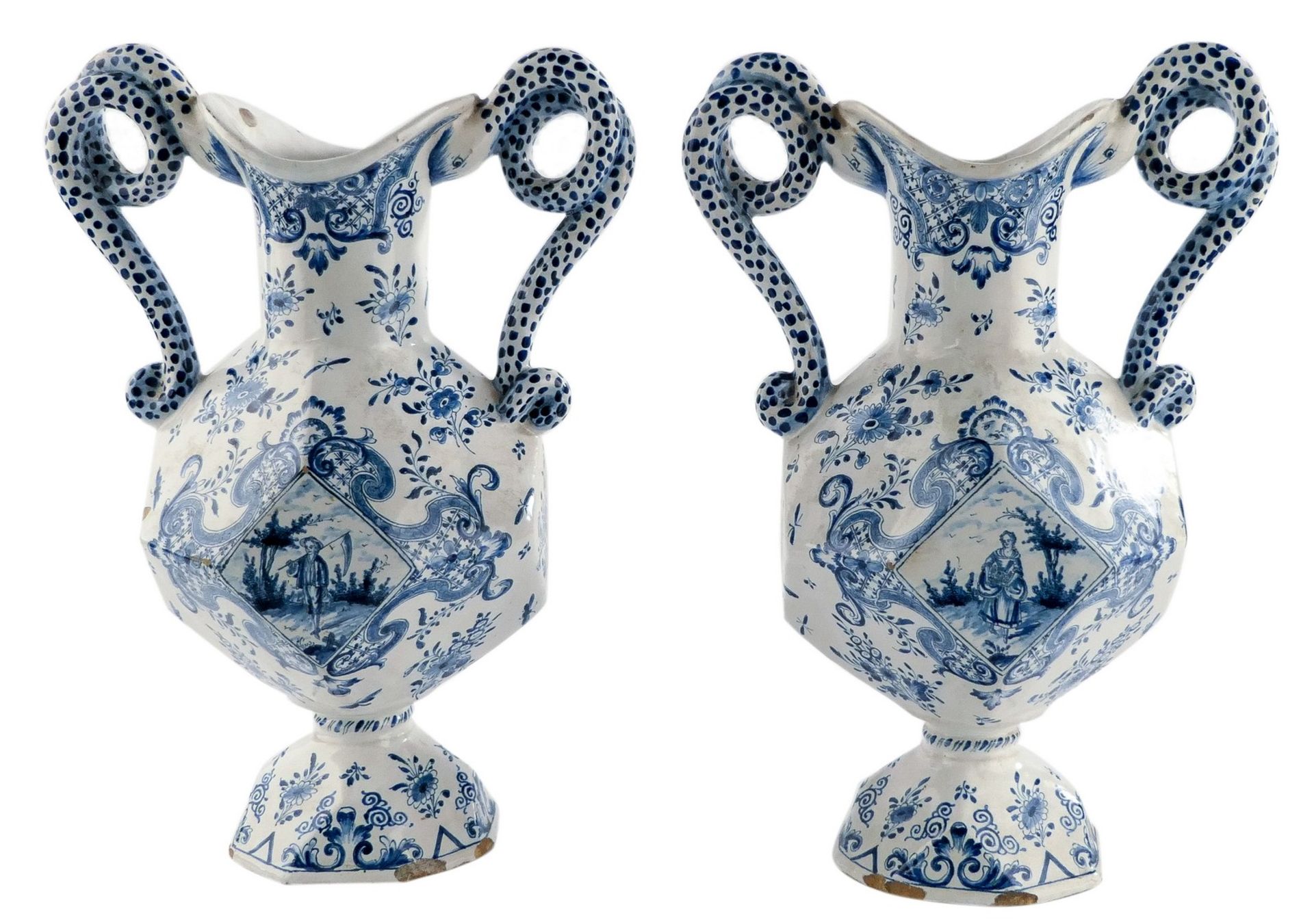 Two ornamental vases, tin glazed and blue decorated earthenware, (Dutch Delftware - marked 'De