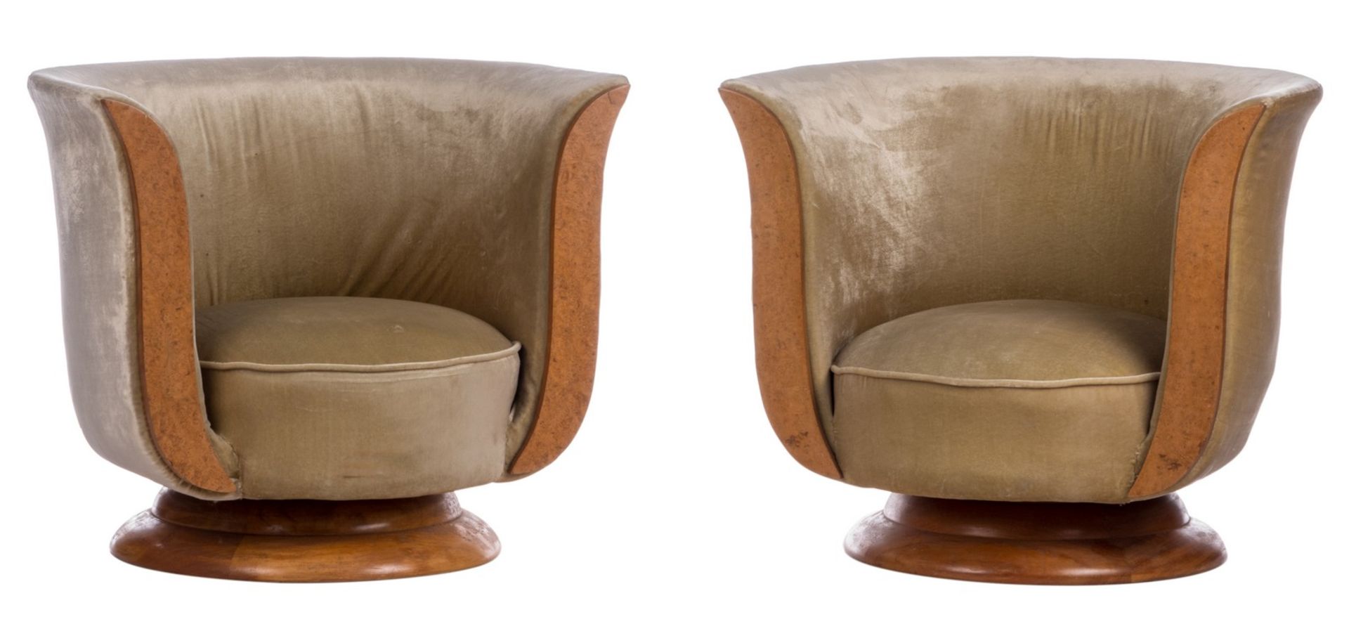 A pair of Art Deco lounge chairs, France, 1930s, Hotel Le Malandre - Modèle déposé, burl wood,