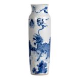 A Chinese blue and white cylinder shaped vase, overall decorated with Fû-lions in a garden, H 47,5