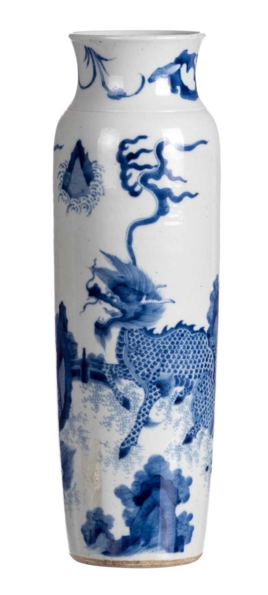 A Chinese blue and white cylinder shaped vase, overall decorated with Fû-lions in a garden, H 47,5
