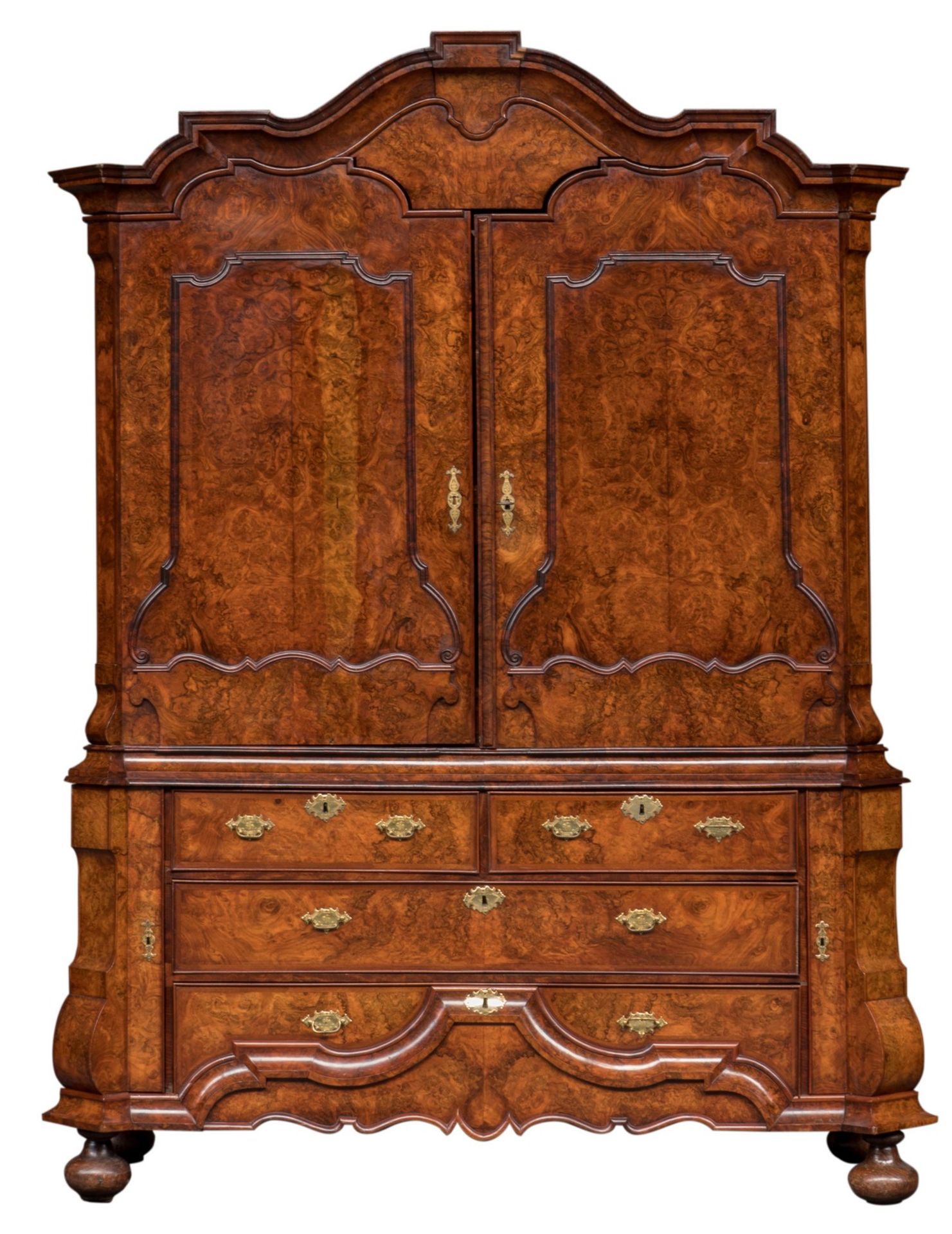 An exceptional walnut veneered Dutch cabinet, third quarter 18thC, H 248 - W 184 - D 69 cm