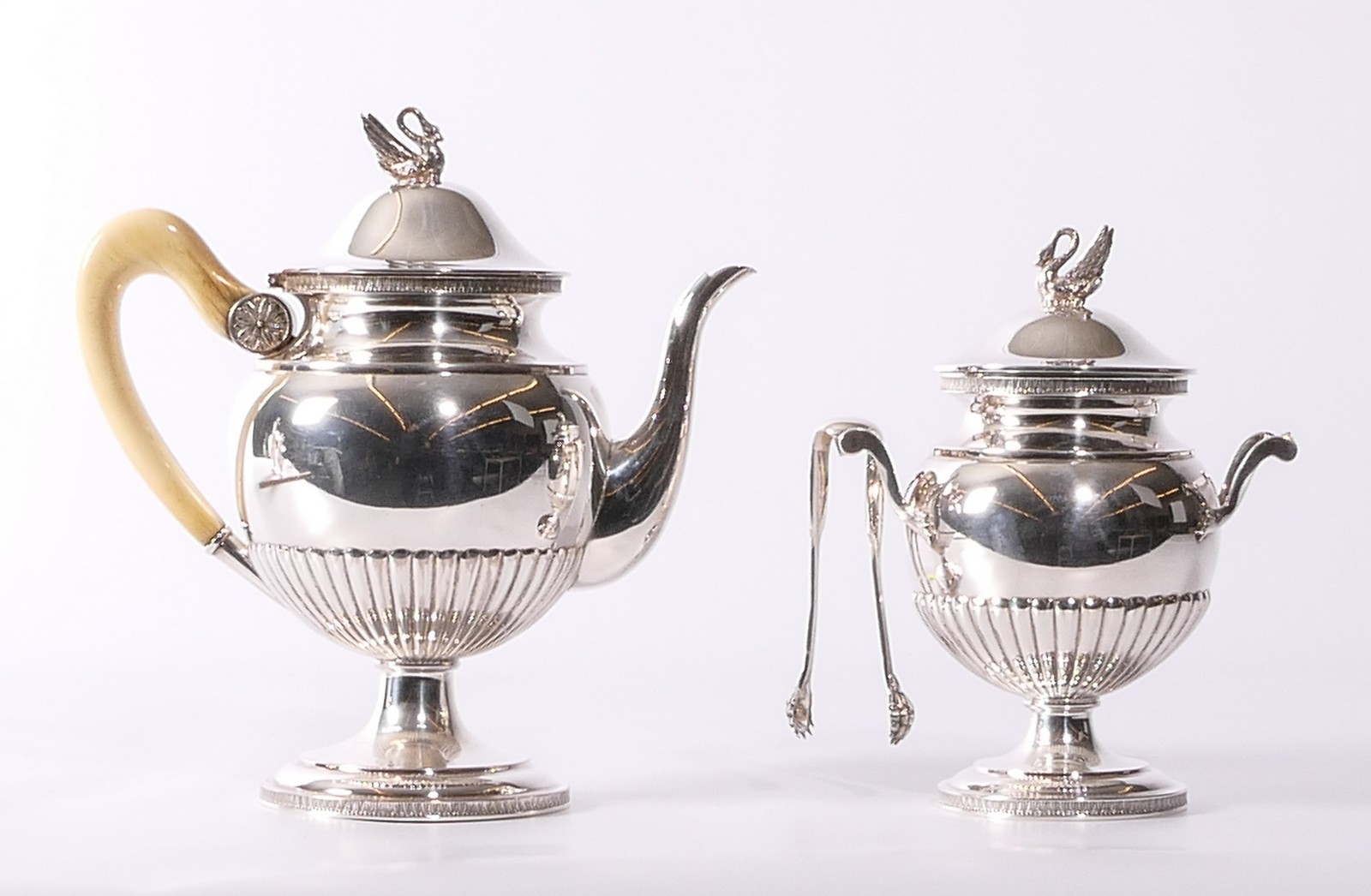 A four-piece silver tea and coffee set with ivory handles, Wolf-Zondervan, 835/000, 1942-1954; added - Image 3 of 19