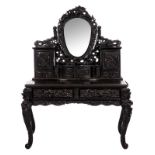An oriental fine sculpted ladies vanity dressing table out of ebonised hardwood, H 169 - W 132 - D