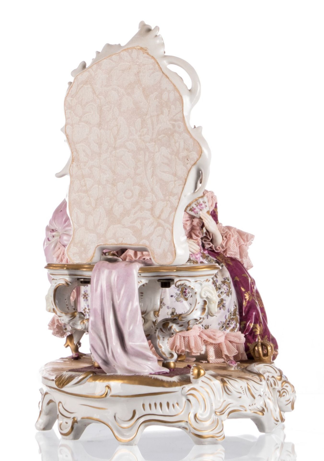 'The toilet', a polychrome decorated figural Saxony porcelain group, marked, H 41 - B 37 cm - Image 4 of 10